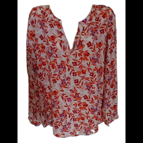 Adrianna Papell Women's Ivory Purple Rust Floral Long Sleeve V-Neck Tunic Top XL - Picture 2 of 5